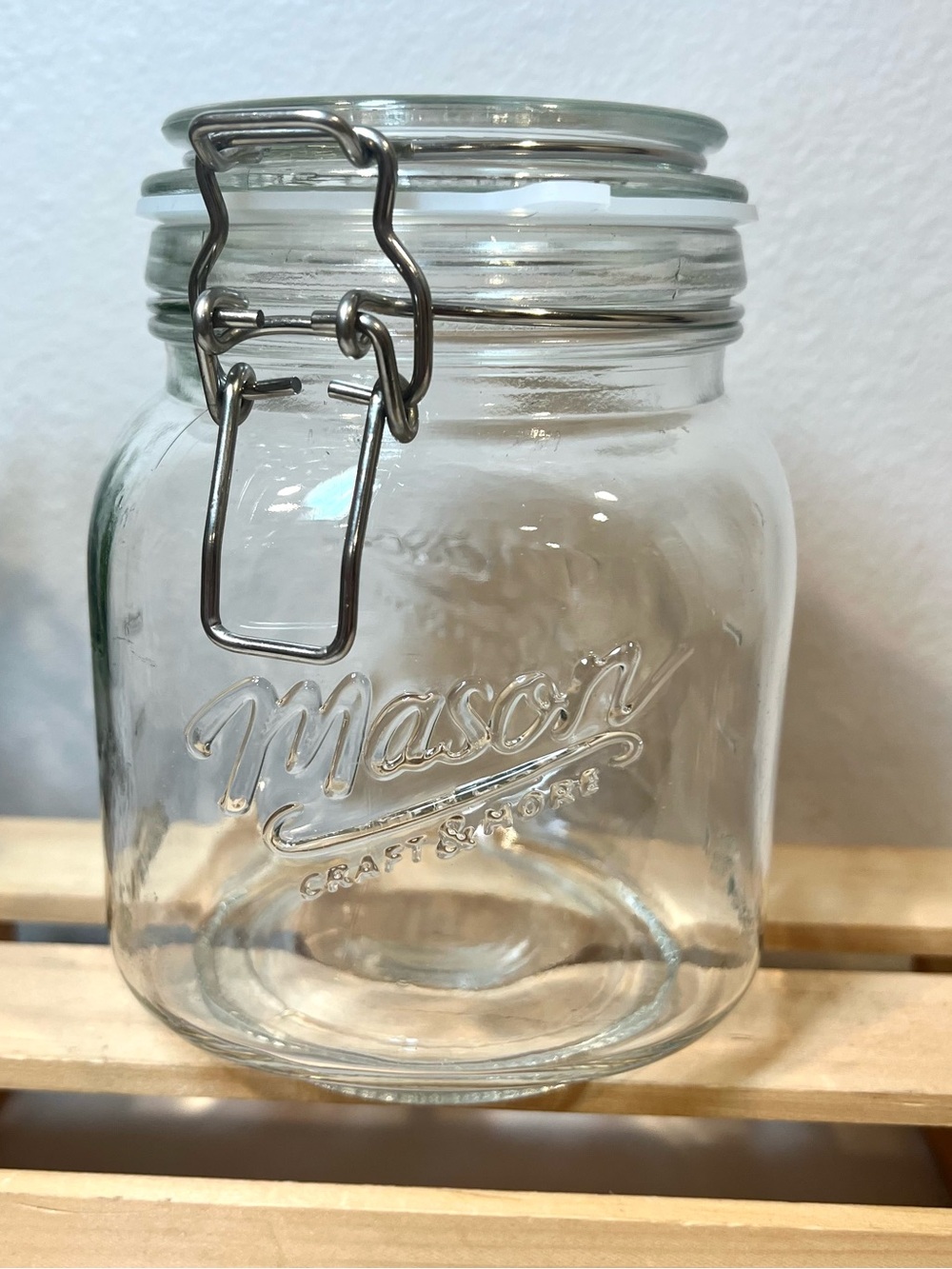 1L Mason Clear Glass Jar with Clamp Lid and Embossed Logo | New Gasket!